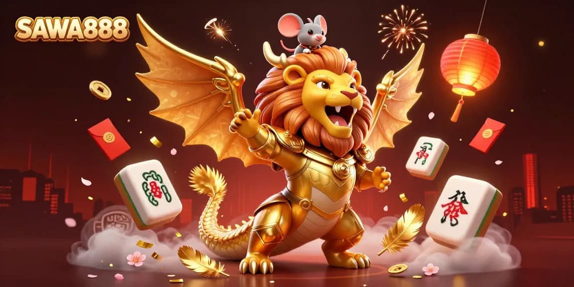SAWA888 chimera creature triumphantly showcases slots with festive elements and a mouse jockey.