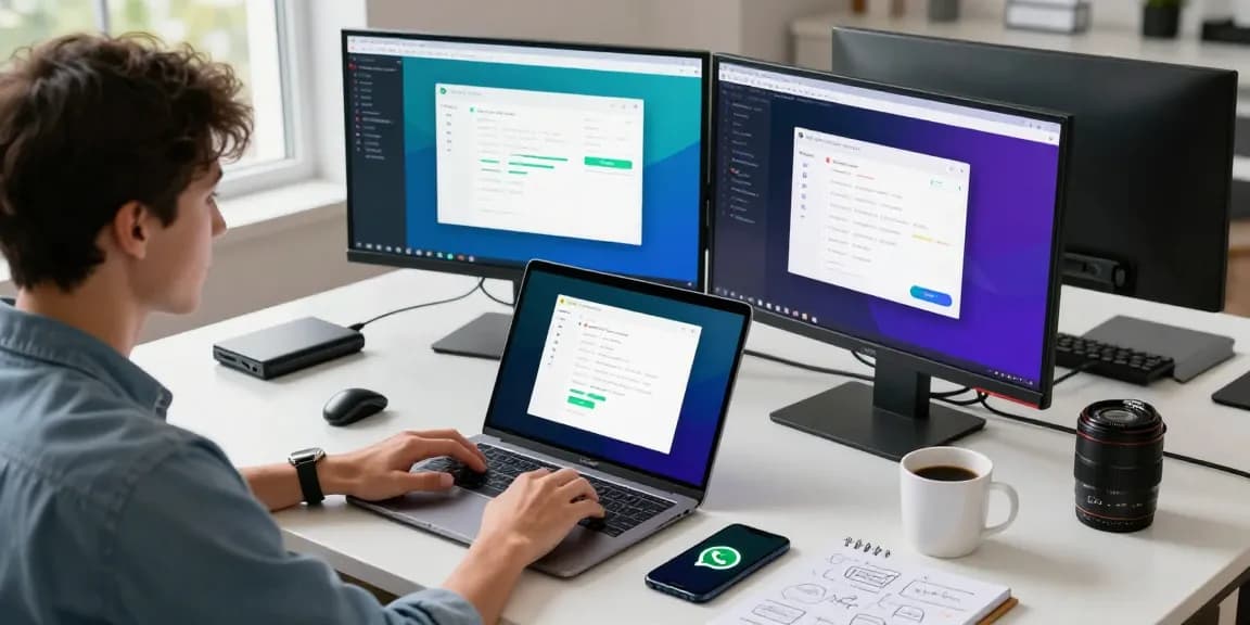 Dynamic tech workspace with a professional exploring WhatsApp下載 on dual screens, enhancing productivity.
