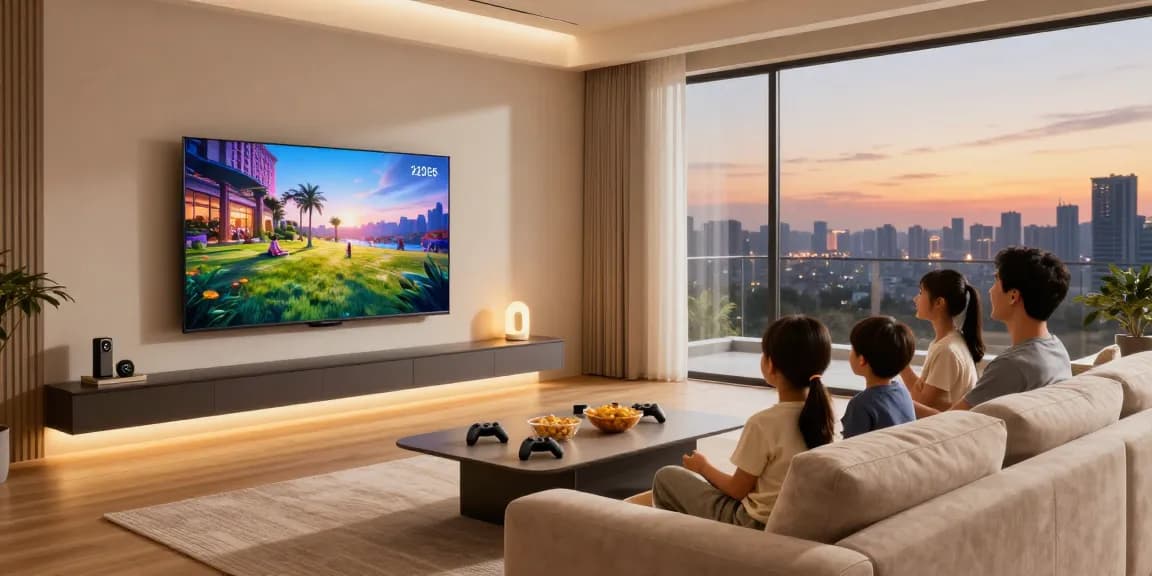 Cozy family movie night with a smart TV 2026 in a modern living room setting.