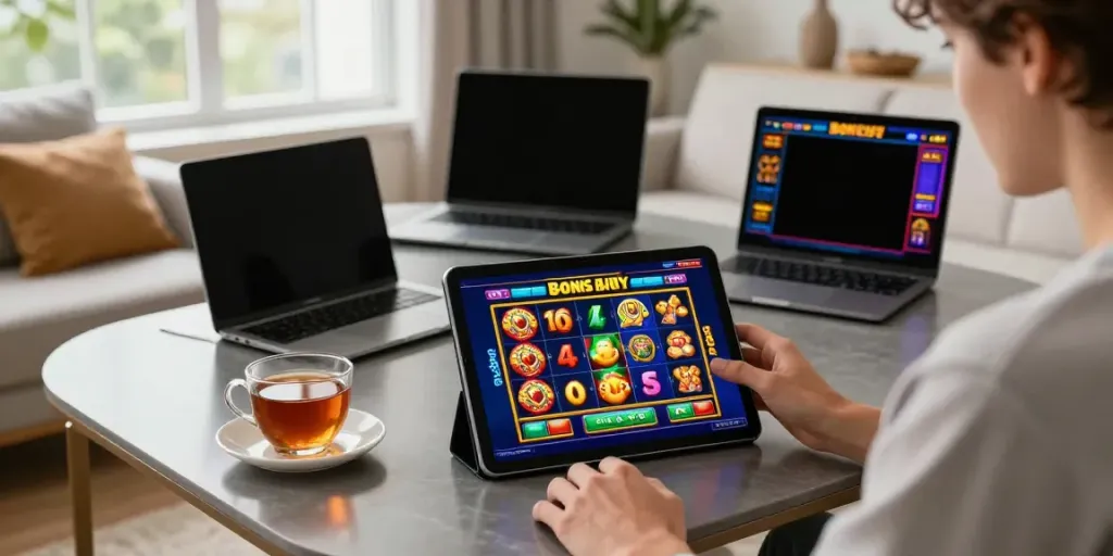 Enjoying Bonus Buy slots on https://stargazyinn.co.uk in a cozy living room with vibrant themes and engaging elements.
