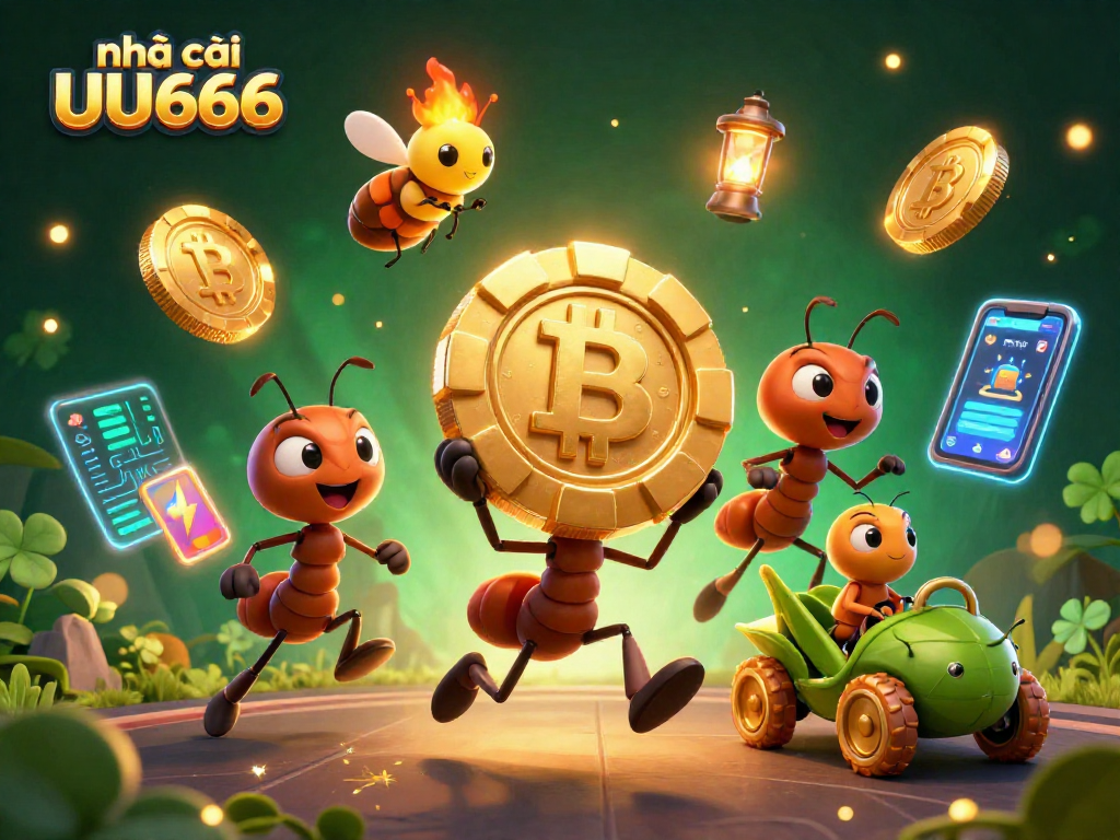 Engaging scene depicting the nhà cái UU666 brand as ants heist through a casino-like tunnel with crypto elements.