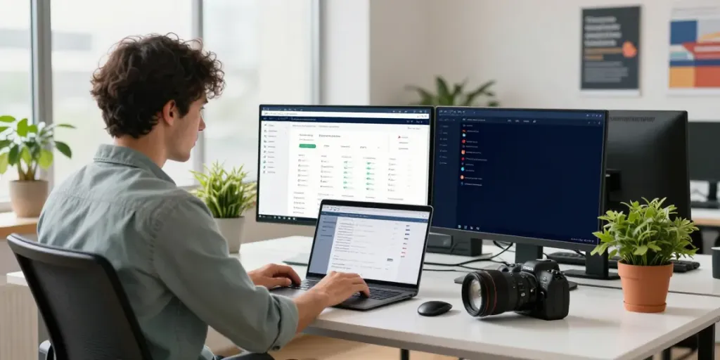 Professional analyzing instant indexing metrics in a bright digital marketing workspace.