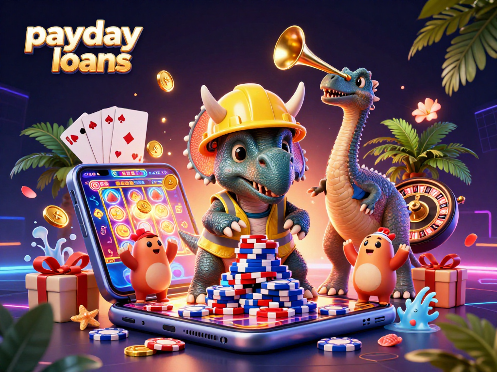 Engage with payday loans in a vibrant casino scene featuring 3D characters celebrating wins.