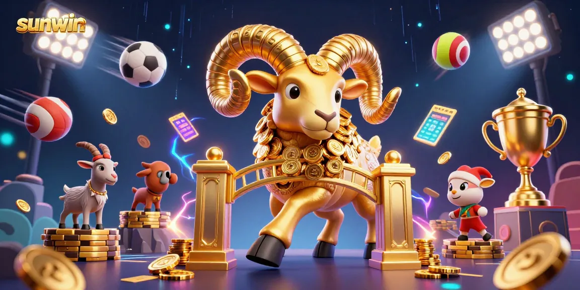 Engage with sunwin's thrilling sports betting scene featuring a dynamic cartoon ram and flying sports elements.