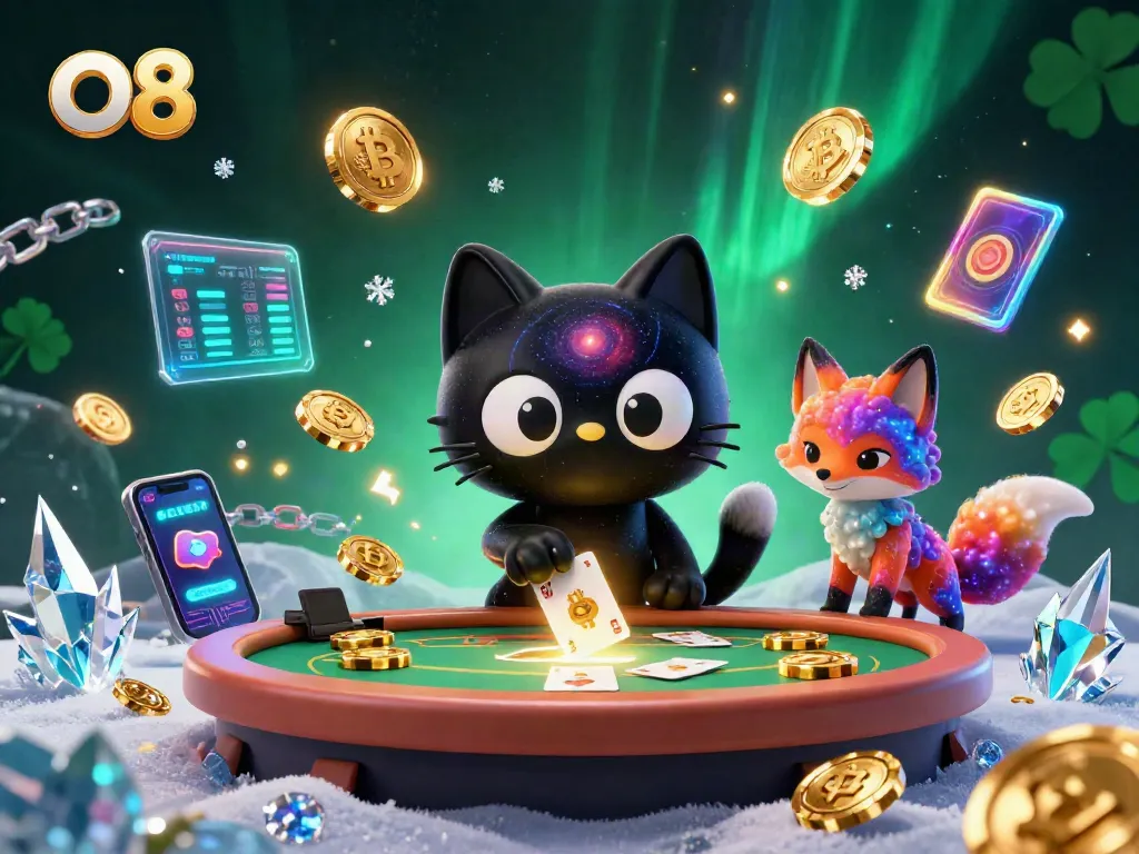 Swirl through the cosmic casino with O8, where a black hole cat and a nebula fox attract crypto winnings.