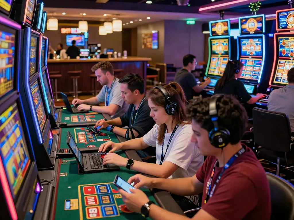 Players enjoying slots that accept credit cards in a lively online casino atmosphere.
