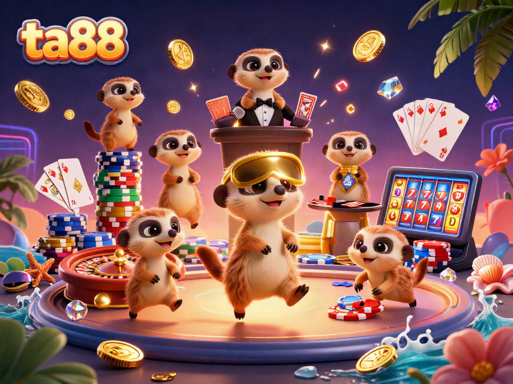 Experience thrilling gaming with ta88; meerkats managing a vibrant casino scene full of action.