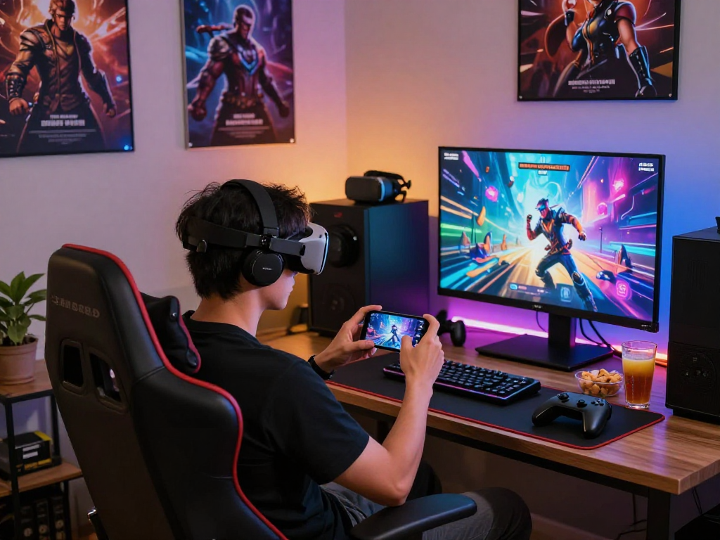Engaging scene of a gamer enjoying a mobile porn game on a stylish gaming setup.