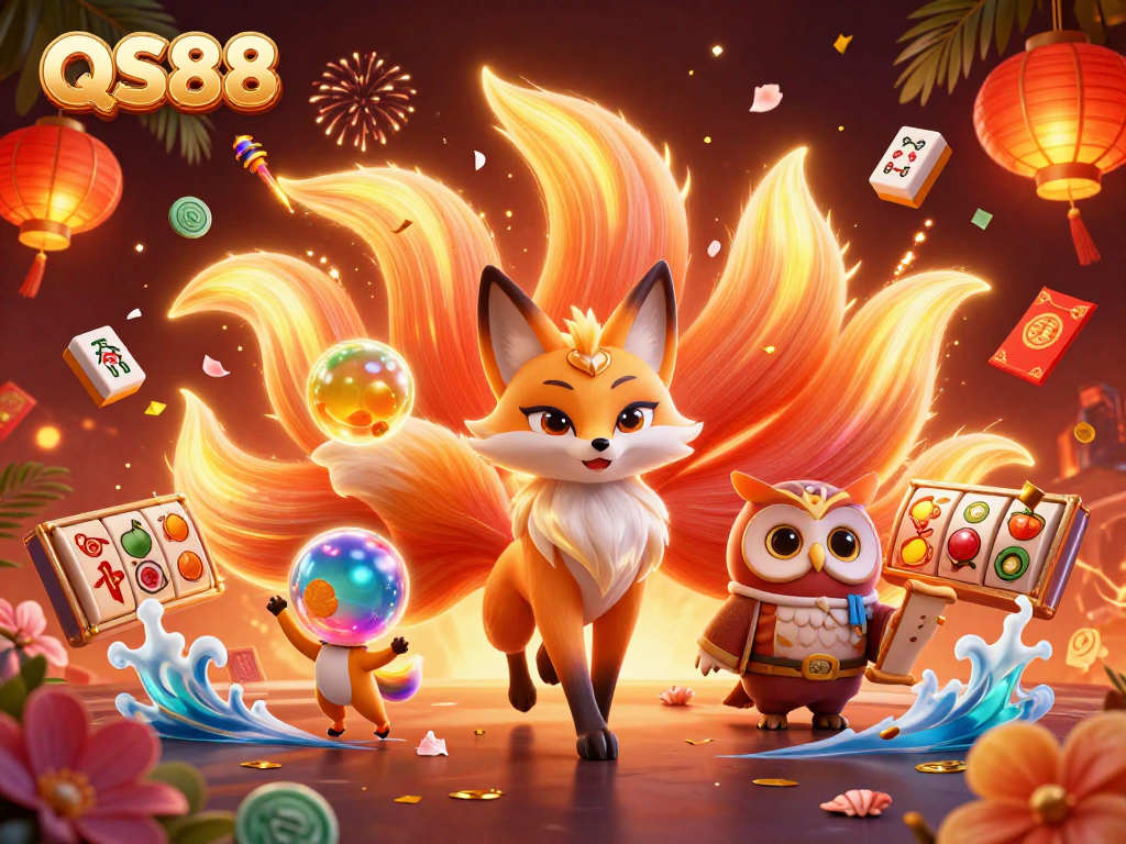 Engage with QS88 in a vibrant casino scene featuring a nine-tailed fox and an owl.