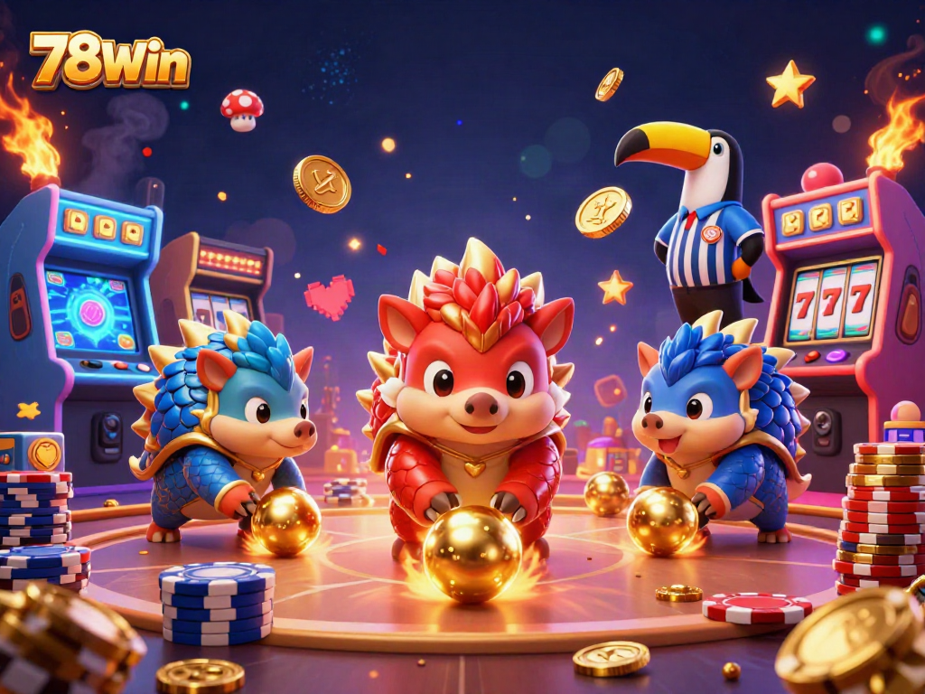 Engage with 78Win's exciting slot game action featuring rival pangolins and vibrant casino elements.