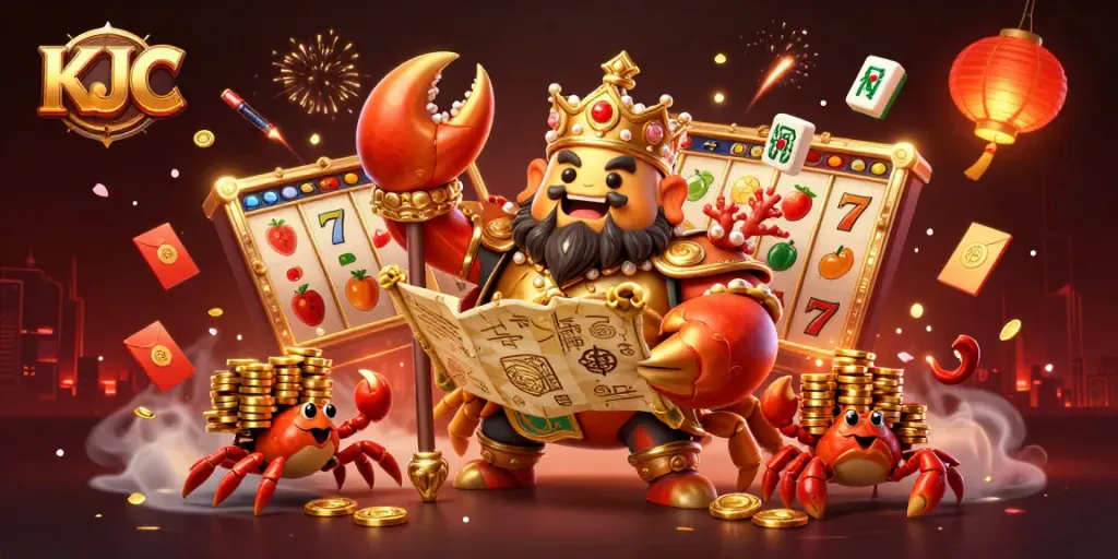 KJC casino scene depicting a golden crab emperor, slot reels, and festive elements for exciting gameplay.