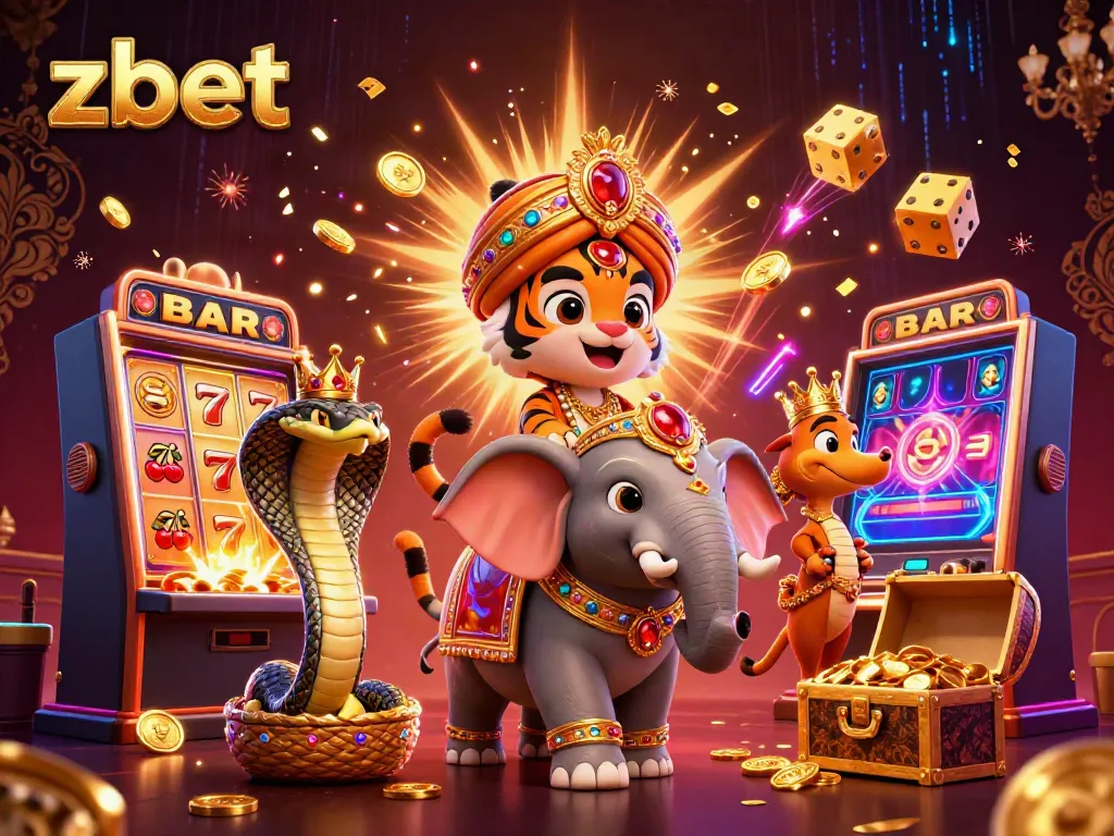 Zbet's colorful casino scene featuring a maharaja tiger, slot machine, and festive elements in action.