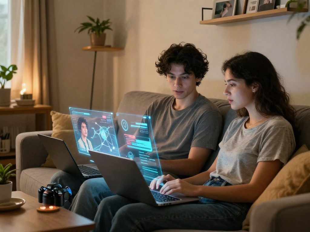 Couple exploring sex AI technology on laptops in a cozy setting.