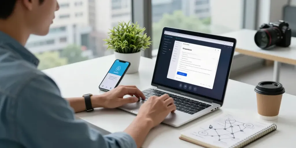 快连VPN 带来安全隐私的现代工作环境，一位年轻人专注于设置。