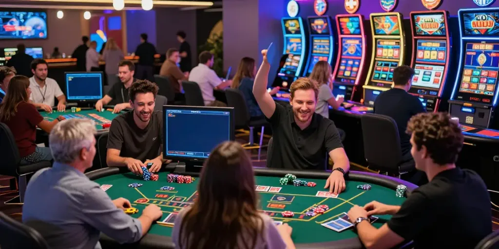 Engaging sin88 online gaming scene with players celebrating wins at a vibrant virtual casino.