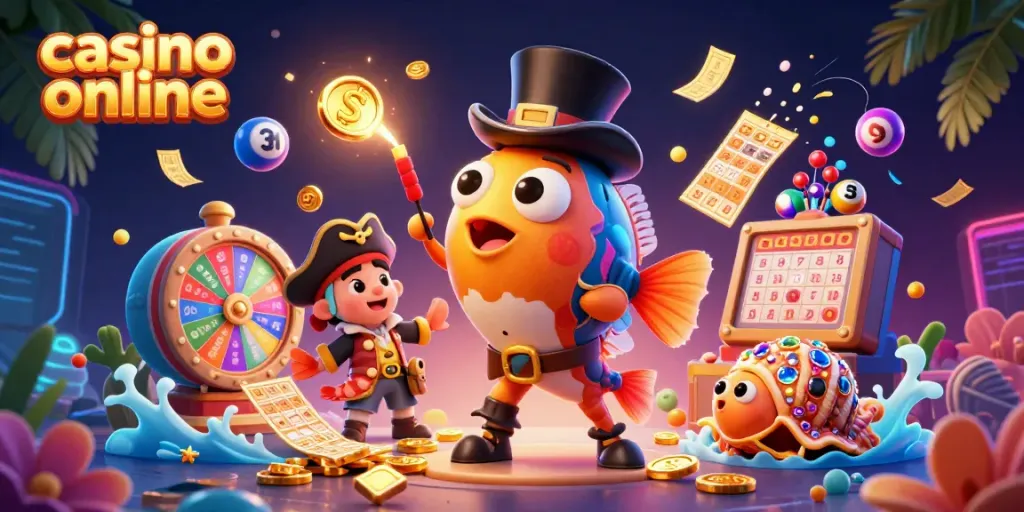 Engaging casino online illustration featuring animated sea creatures attracting prizes and lottery elements.