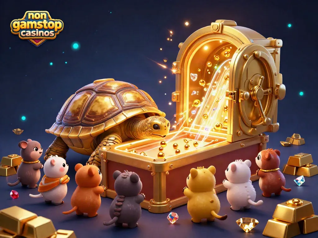 Interactive illustration showcasing non gamstop casinos with a playful tortoise and treasures.