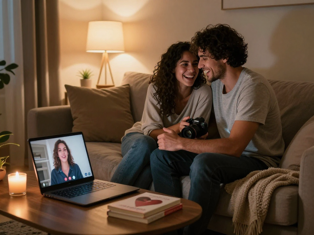 Couple exploring sex AI consultation on laptop, creating an intimate atmosphere