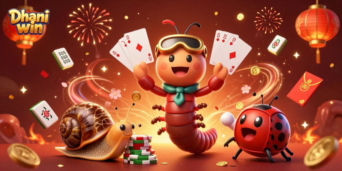 Dhani win brings excitement with a cartoon millipede dealer, vibrant gaming elements, and captivating celebration.