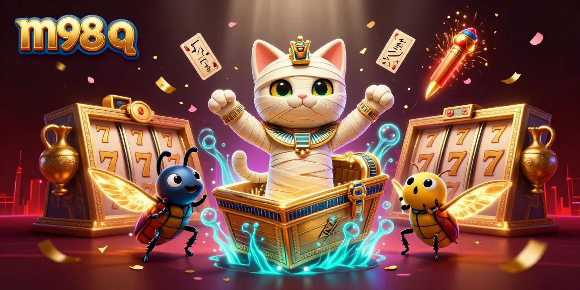 Experience excitement at m98 q with a mummy cat and scarab beetle amidst dynamic slots and festive elements.