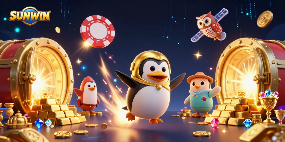 SUNWIN offers thrilling gaming adventures as a golden penguin jetpacks toward a dazzling casino.