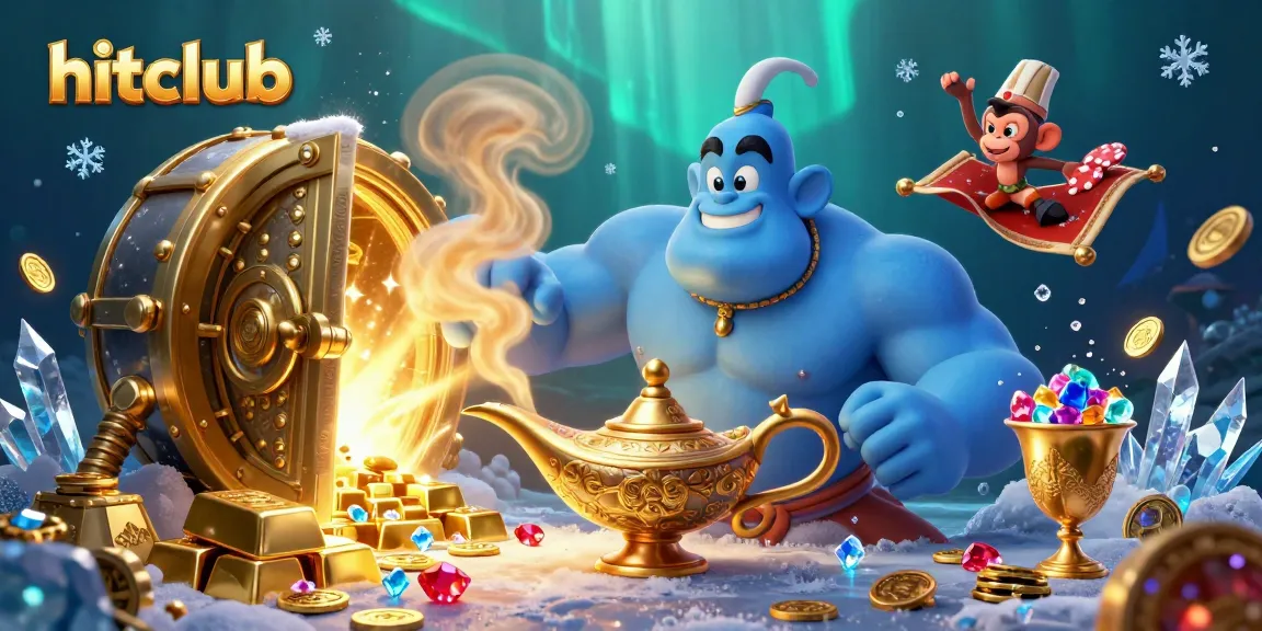 Experience hitclub's vibrant gaming world, featuring a genie, monkey, and poker chips. Play our dynamic casino games!