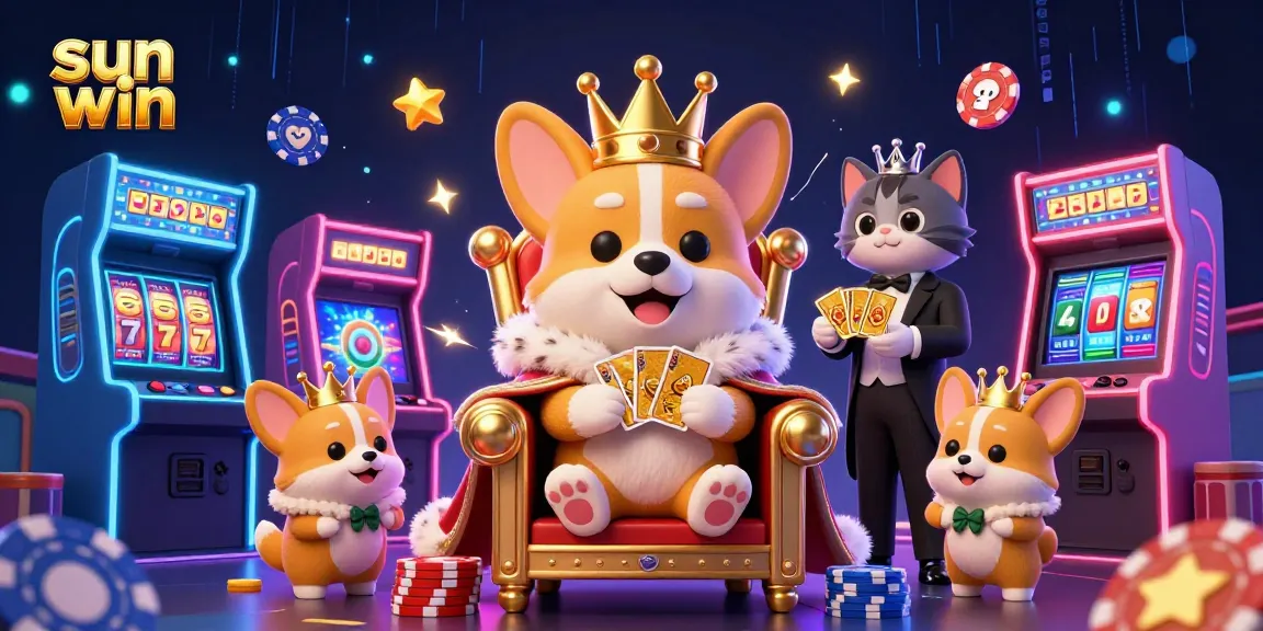 Play exciting games at sun win with a royal corgi and cat butler surrounded by vibrant casino elements.