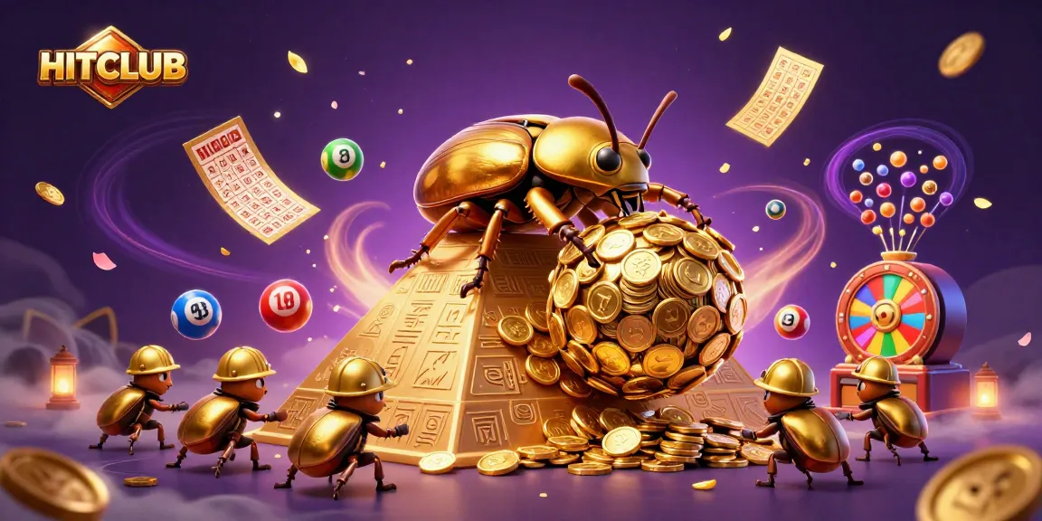 Join in a vibrant HITCLUB gaming adventure as lucky beetles roll golden coins amid colorful lottery excitement.